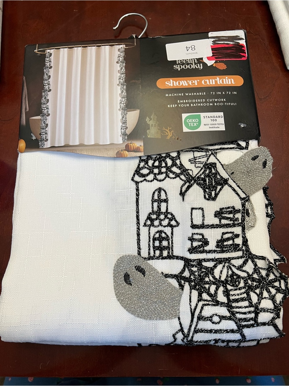 Spooky Embroidered White Shower Curtain with Gray Accents